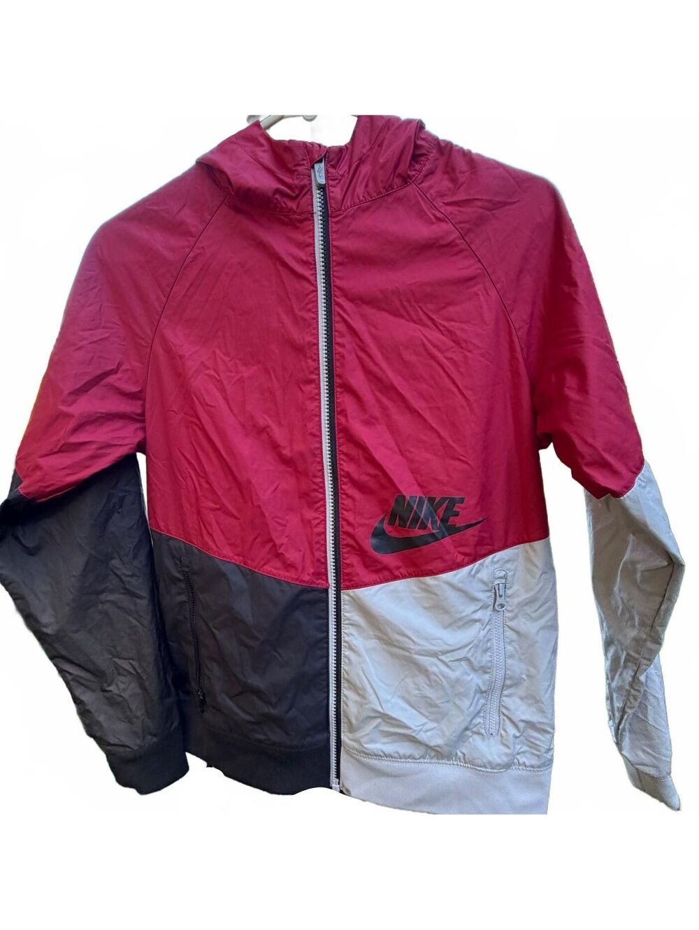 Youth Large- Nike colorblock hooded windbreaker jacket red black white